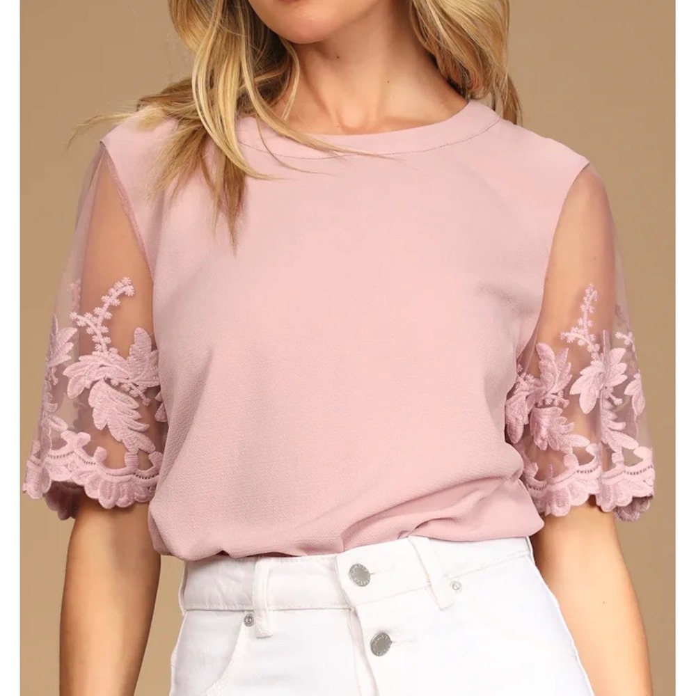 NWT Lulus Size Medium Lisa Marie Mauve Pink Embroidered Top Blouse Pink FLAW